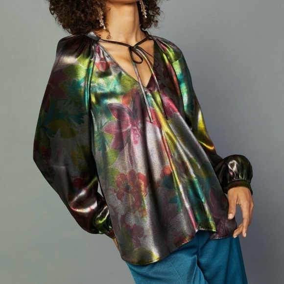 Anthropologie Current Air Goldie Metallic Floral Long Sleeve Blouse Size XS - Picture 1 of 13
